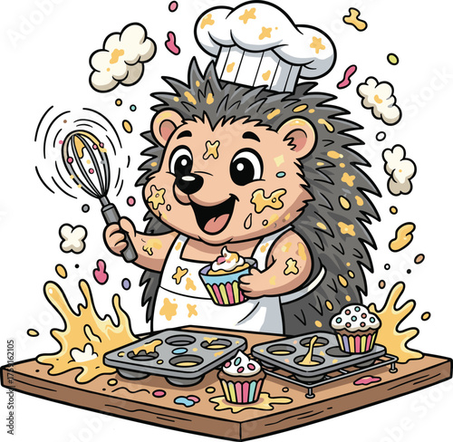 Cute Cartoon Hedgehog Baker Chef Covered in Batter and Sprinkles Vector