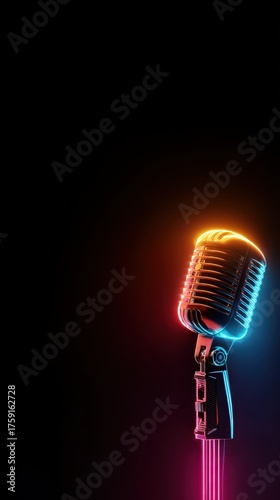 Vibrant Metallic Microphone with Neon Glow Against Dark Background, Capturing the Essence of Music with Radiant Colors and Elegant Design for Creative Projects