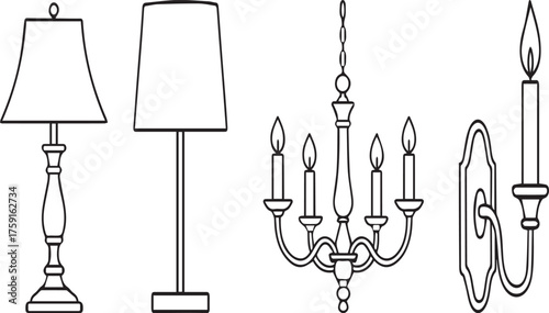 Collection of vintage style lighting fixtures including table lamps floor lamp chandelier and sconce detailed line art rendering