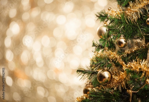 Christmas Tree With Golden Decorations on Bokeh Background
