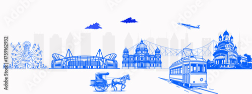 Kolkata Skyline with Howrah Bridge, Victoria Memorial and Dakshineswar Temple – Cultural Cityscape for Travel, Tourism, and Editorial Use – Travel Tourism Concept for India Cityscape Design and Prints
