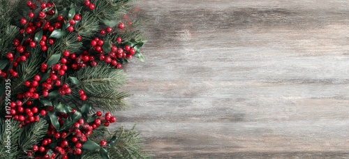 Christmas Pine Branches and Red Berries on Wood Background.