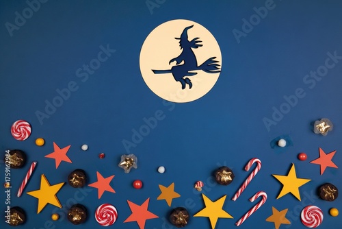 Halloween Flat Lay with Witch Silhouette and Candy.
