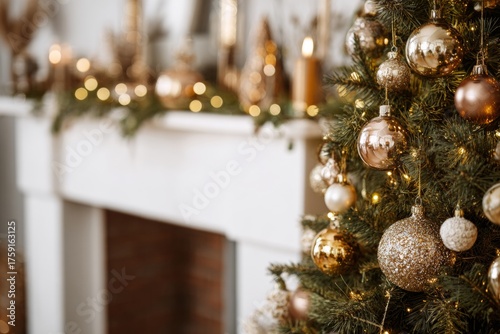 Elegant Christmas Tree Decorated With Golden Baubles.