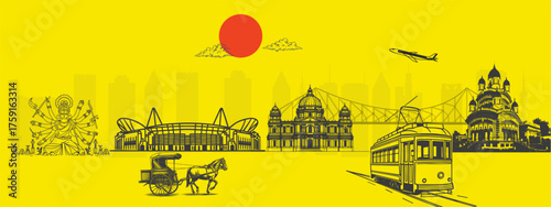 Kolkata Skyline with Howrah Bridge, Victoria Memorial and Dakshineswar Temple – Cultural Cityscape for Travel, Tourism, and Editorial Use – Travel Tourism Concept for India Cityscape Design and Prints