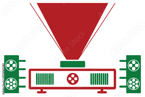 Stylized film projector with spools and projection cone on transparent web icon white background movie projector