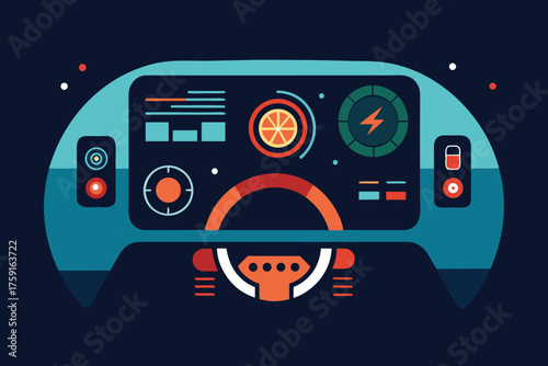 Futuristic car dashboard with steering wheel and digital displays Keywords: car, dashboard, transparent web icon