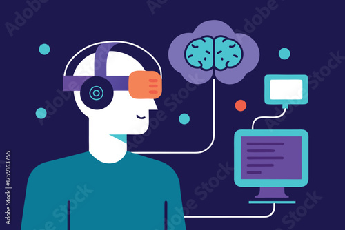 Person wearing VR headset connected to computer and brain cloud illustration Keywords: virtual transparent web icon