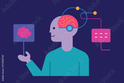 Person with stylized brain and connected devices representing AI or thought artificial transparent web icon