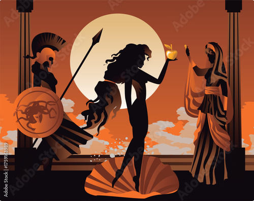 athena, aphrodite and hera discussing the golden apple