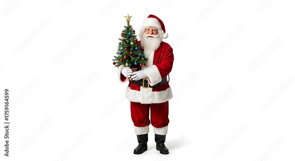 Fototapeta premium A cheerful Santa Claus dressed in his traditional red suit, holding a small decorated Christmas tree.
