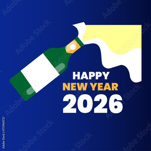 Happy New Year 2026 celebration with a champagne bottle pouring festive bubbly liquid