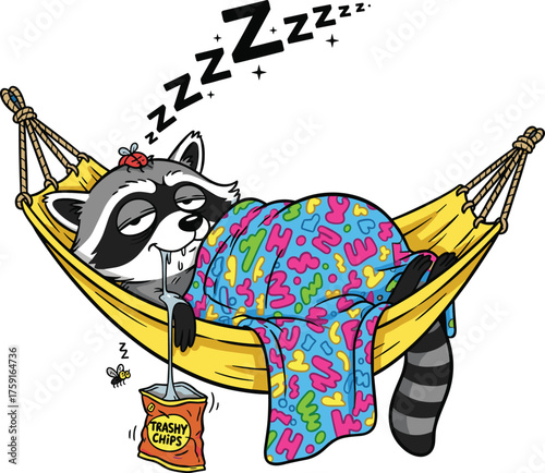 Funny Cartoon Raccoon Sleeping in Hammock with Junk Food IV Drip Vector