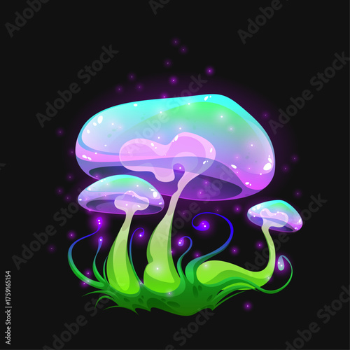 Fantasy glowing mushrooms with vibrant colors and magical aura on dark background for design