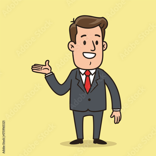 A cartoon illustration of a smiling businessman in a gray suit and red tie, standing in a welcoming pose with his hand open.