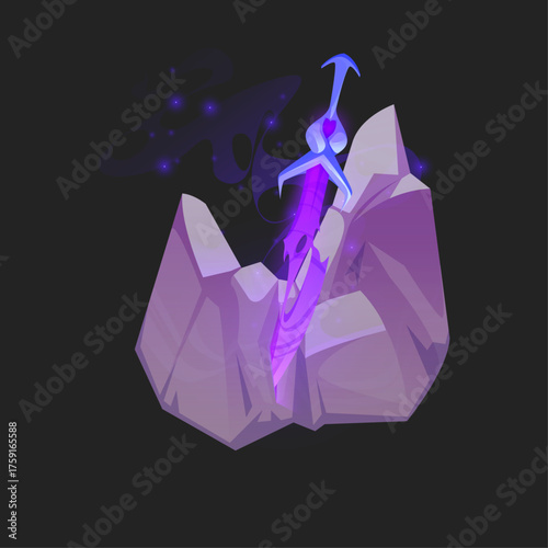 Enchanted violet energy blade piercing through mystical jagged stone, emanating a powerful arcane glow