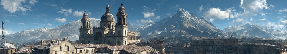 Fototapeta premium A mountain range with a castle in the middle