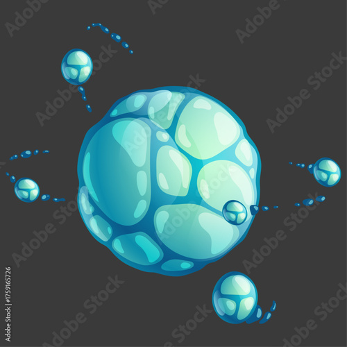 Abstract Blue Bubble Planet with Orbiting Spheres, Fantasy Space Cartoon Style Illustration