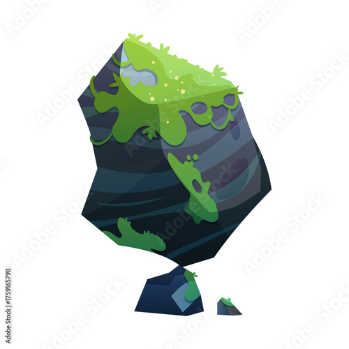 An isolated cartoon illustration of a large, ancient boulder covered in green moss and lichen