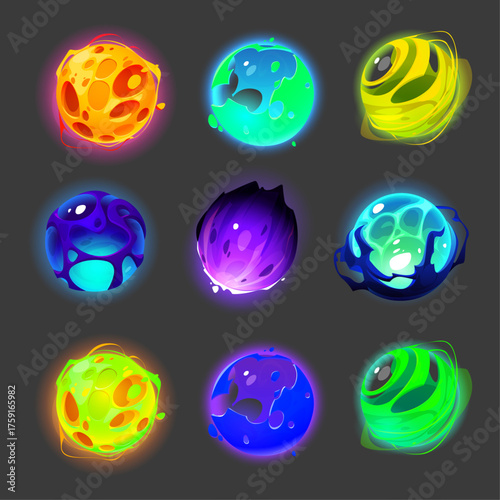 A vibrant collection of nine fantasy alien planets and glowing cosmic orbs, perfect for futuristic game assets or science fiction themes