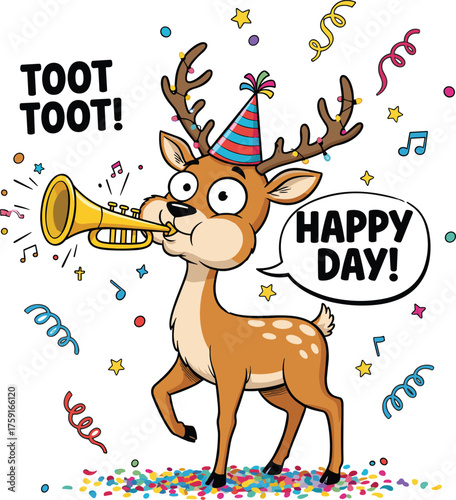 TOOT TOOT! HAPPY DAY!" Cartoon Reindeer Blowing Trumpet at Party VectorTOOT TOOT! HAPPY DAY!" Cartoon Reindeer Blowing Trumpet at Party Vector