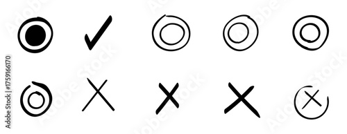 Checkmark set. Signature. Double circle. Circle. Simple lines. Handwritten. X. Cross.