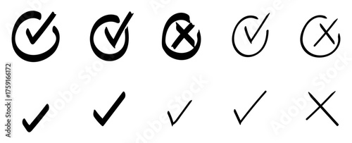 Checkmark set. Signature. Double circle. Circle. Simple lines. Handwritten. X. Cross.