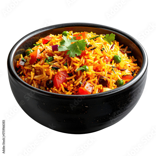 Vibrant vegetable Jollof rice salad in a black bowl garnished with fresh cilantro isolated on white background
