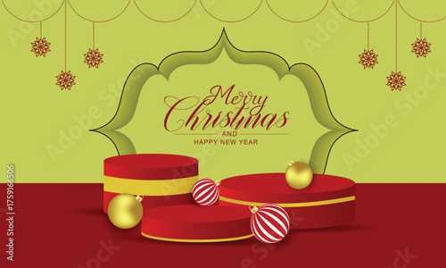 3D realistic Merry Christmas and Happy New Year Banner with Product Display Podium with Christmas Ornament and snowflakes
