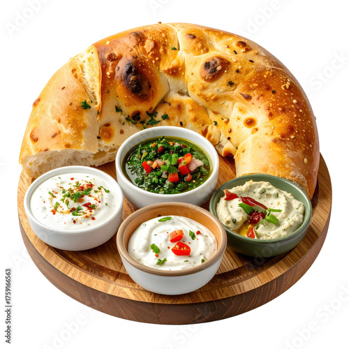khobz bread with dips isolated on white background