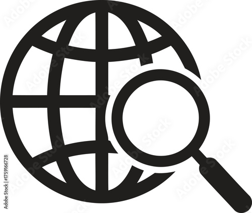 Black globe with magnifying glass icon design on transparent background silhouette
