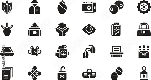Collection of black linear icons representing various concepts on transparent background silhouette