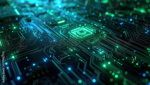 Abstract Close Up Of A Computer Motherboard With Glowing Green And Blue Lights Showing Intricate Circuits And Components