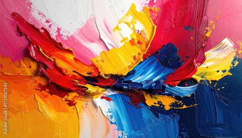 Abstract colorful explosion of vibrant red blue yellow pink paint and glitter textured thick impasto brush strokes dynamic energetic composition