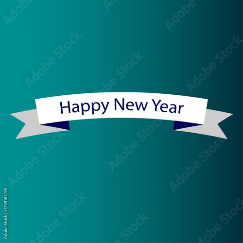 Happy New Year banner with white ribbon and gradient teal background, holiday celebration