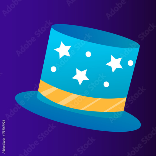 Blue magician's top hat with stars and a ribbon, symbolizing enchantment and performance