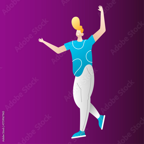 Energetic and joyous person in casual clothing celebrating and dancing with arms up
