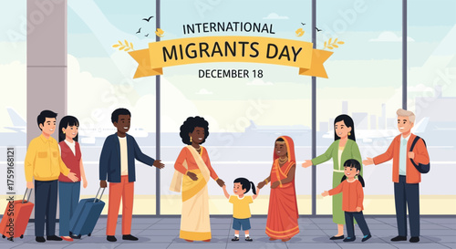 Flat vector poster showing families of different cultures greeting each other at an airport, celebrating International Migrants Day