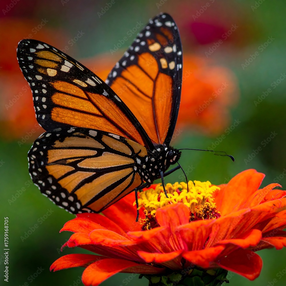 Obraz premium A vibrant orange and black insect, wings outstretched, perched atop a colorful flower. Nature's beauty is captured with detail