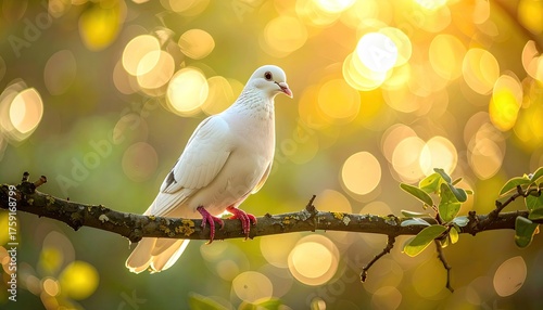 A white dove perches on a branch bathed in golden sunset light with soft bokeh background