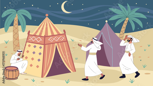 Arabian Peninsula Night Celebration with Traditional Dance and Lanterns Vector Illustration
