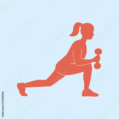 Minimalist illustration of a woman doing lunge exercise with dumbbell on light blue background. Perfect for fitness, gym, and wellness design projects.