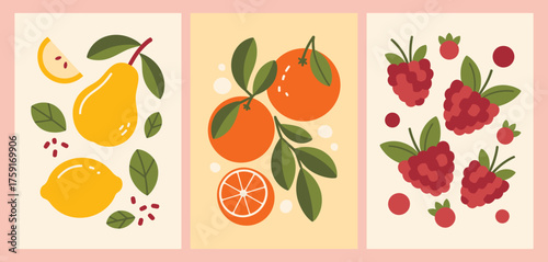 Organic Fruit Illustration Set,  Abstract hand-drawn orange, pear, and raspberry vector art. Great for wall décor, eco-friendly branding, food packaging, and minimalist design projects.