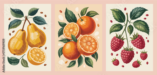 Abstract Fruit Posters Vector Set,  Minimalist hand-drawn fruits and berries including orange, pear, and raspberry. Modern organic food prints, kitchen wall art, and contemporary decorative designs.