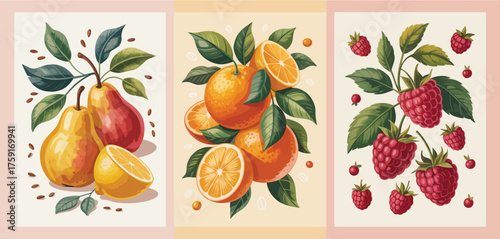 Minimalist Fruit Poster Bundle,  Vector set of modern abstract fruit designs featuring orange, pear, and raspberry. Ideal for prints, eco packaging, and contemporary interior artwork.