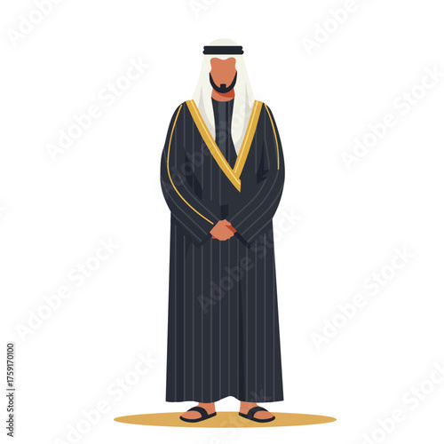 Dignified Arab Man in Traditional Black and Gold Robes Full Body