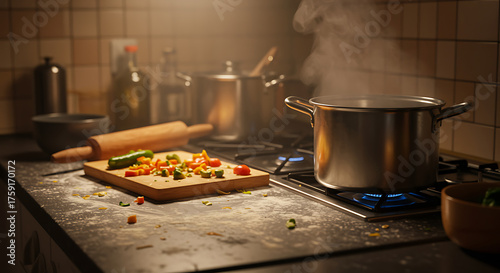 Cozy kitchen scene featuring a pot on the stove, chopped vegetables, and a warm, inviting atmosphere