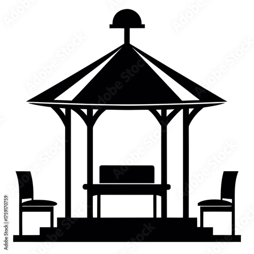 Outdoor gazebo with seating in a striking black silhouette