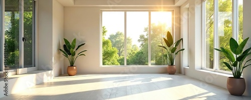 Serene Minimalist Interior Sunlight Streaming Through Large Windows, Illuminating a Calm and Airy Space Perfect for Relaxation or Work