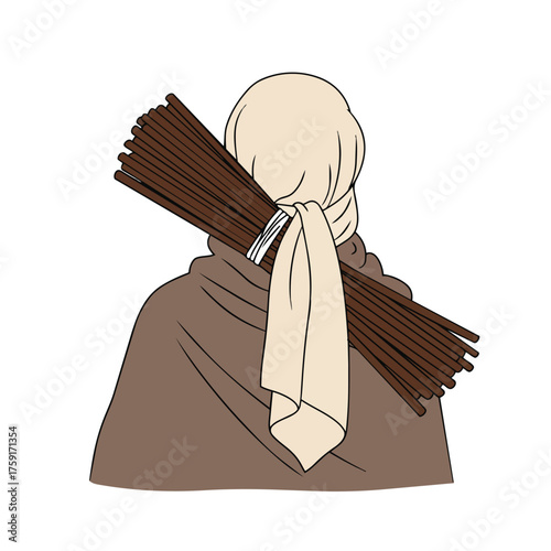 Traditional Figure Carrying Bundle of Sticks on Back Labor Work